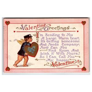 1914 Embossed Valentine Postcard Boy Cupid Postman Heart Poem Cortland NY